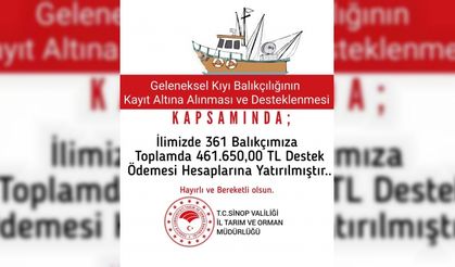 Sinop’ta 361 balıkçıya 461 bin 650 TL destek ödemesi